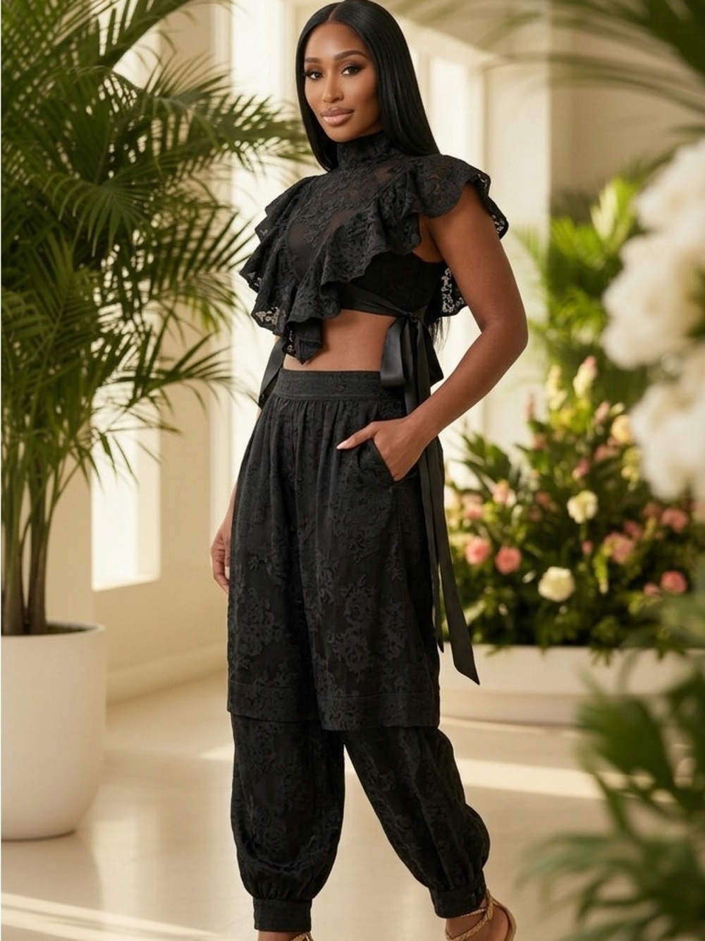 Black Lace High-Waist Jogger Pants - Women's Pants & Jumpsuits